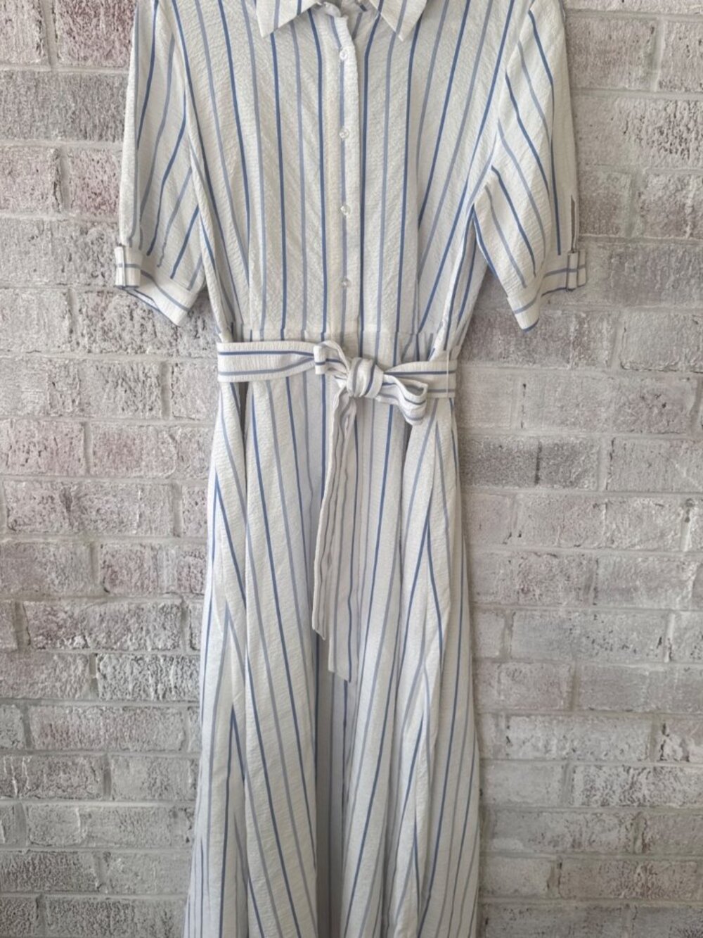 Calvin Klein Seersucker Stripe Belted Midi Shirt Dress Blue White Size 10